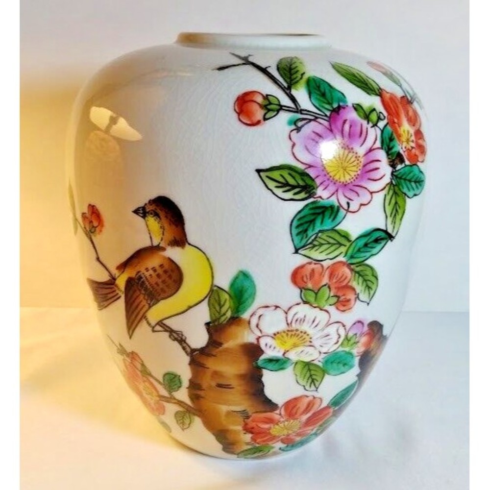 Vintage Bird Floral Vase Round Multi Color Japan Crazing Ceramic Handpainted